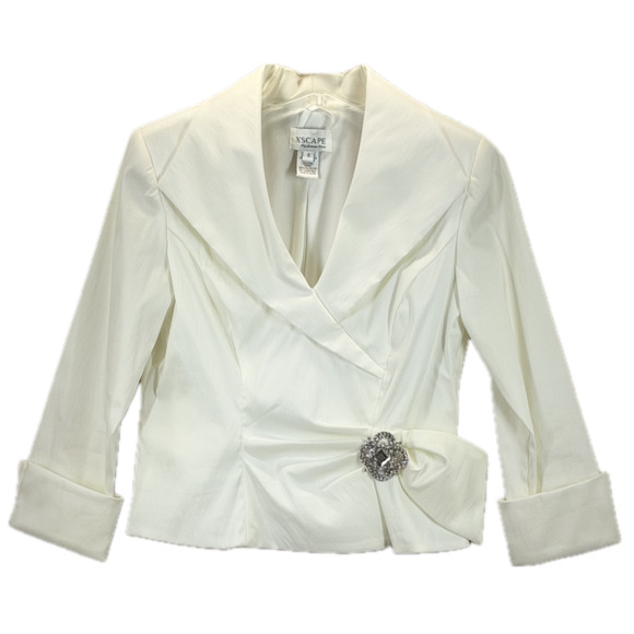 Xscape Cropped Blazer Ivory 3/4 Sleeve Women Sze 6 Brooch Holiday Cocktail Party - Picture 2 of 9